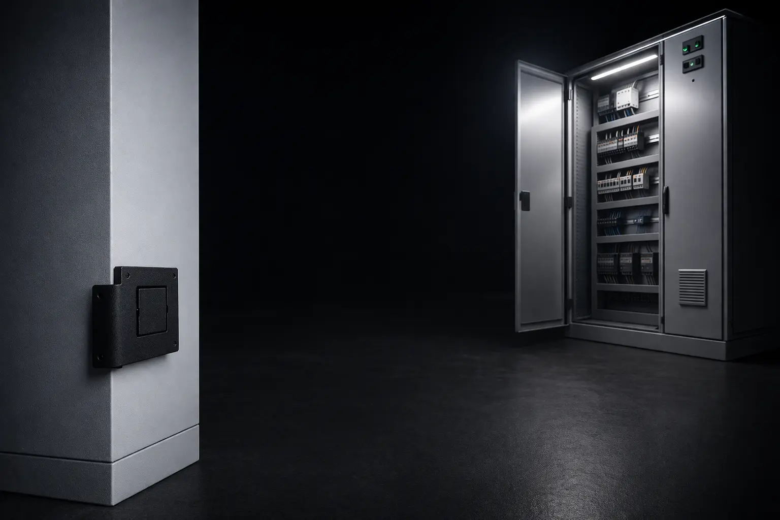 3D-gedruckte Schablone an einem Schaltschrank im Vergleich zur geöffneten Schaltschrankanlage