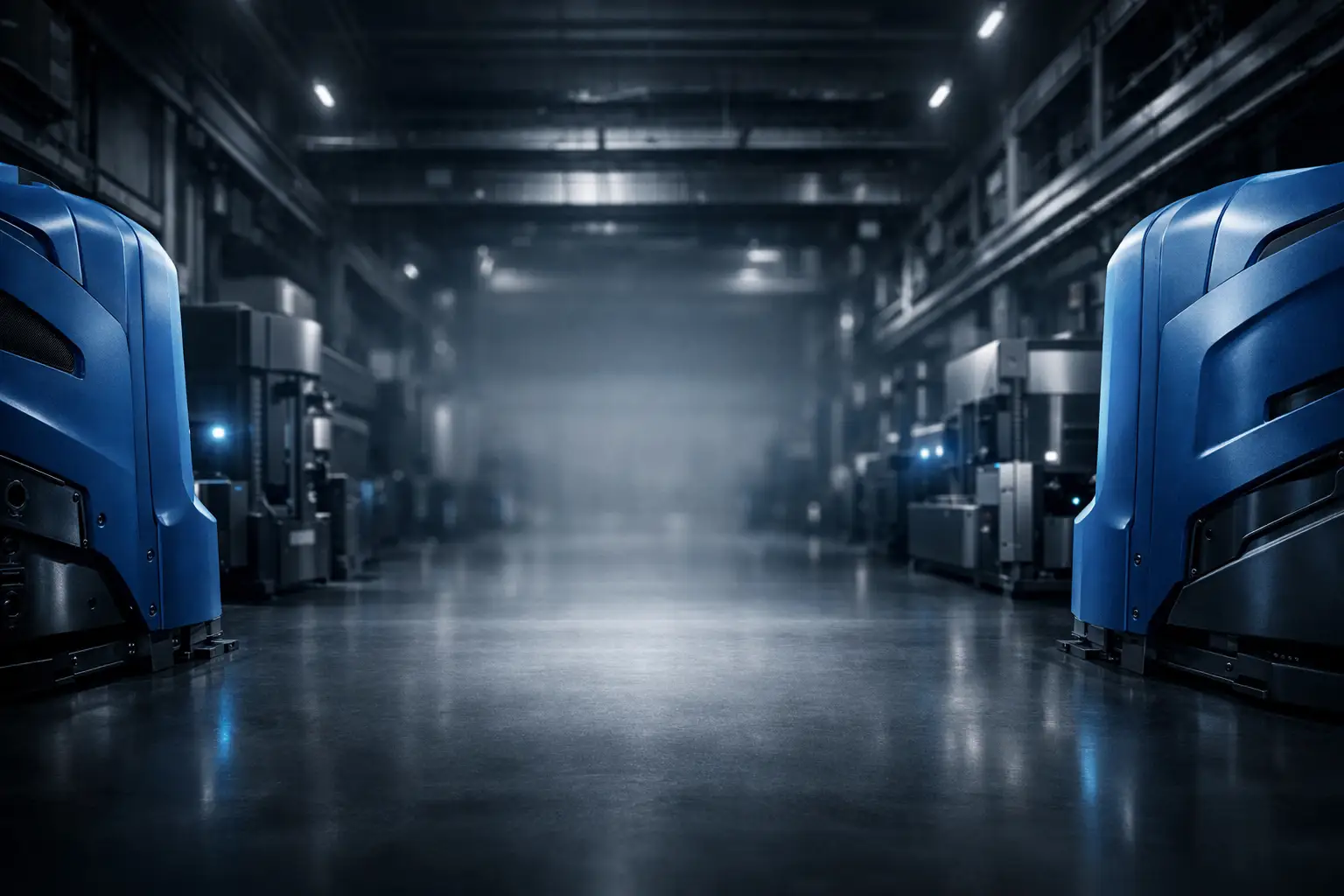 Blaue Maschinengehäuse in einer industriellen Fertigungshalle