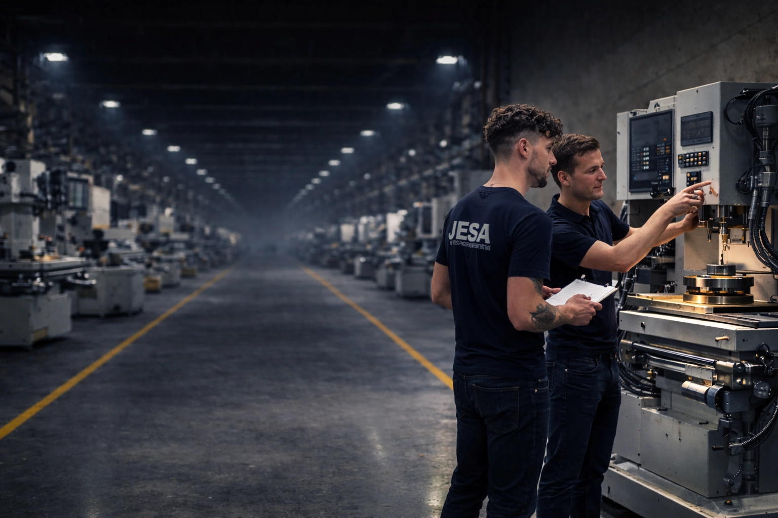JESA Mitarbeiter prüfen eine Maschine während einer Einsparpotenzialanalyse im Werk